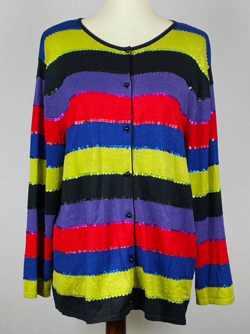 Vtg 90s Coldwater Creek Striped Silk Cardigan Sz L Button Sequin Indie Teacher